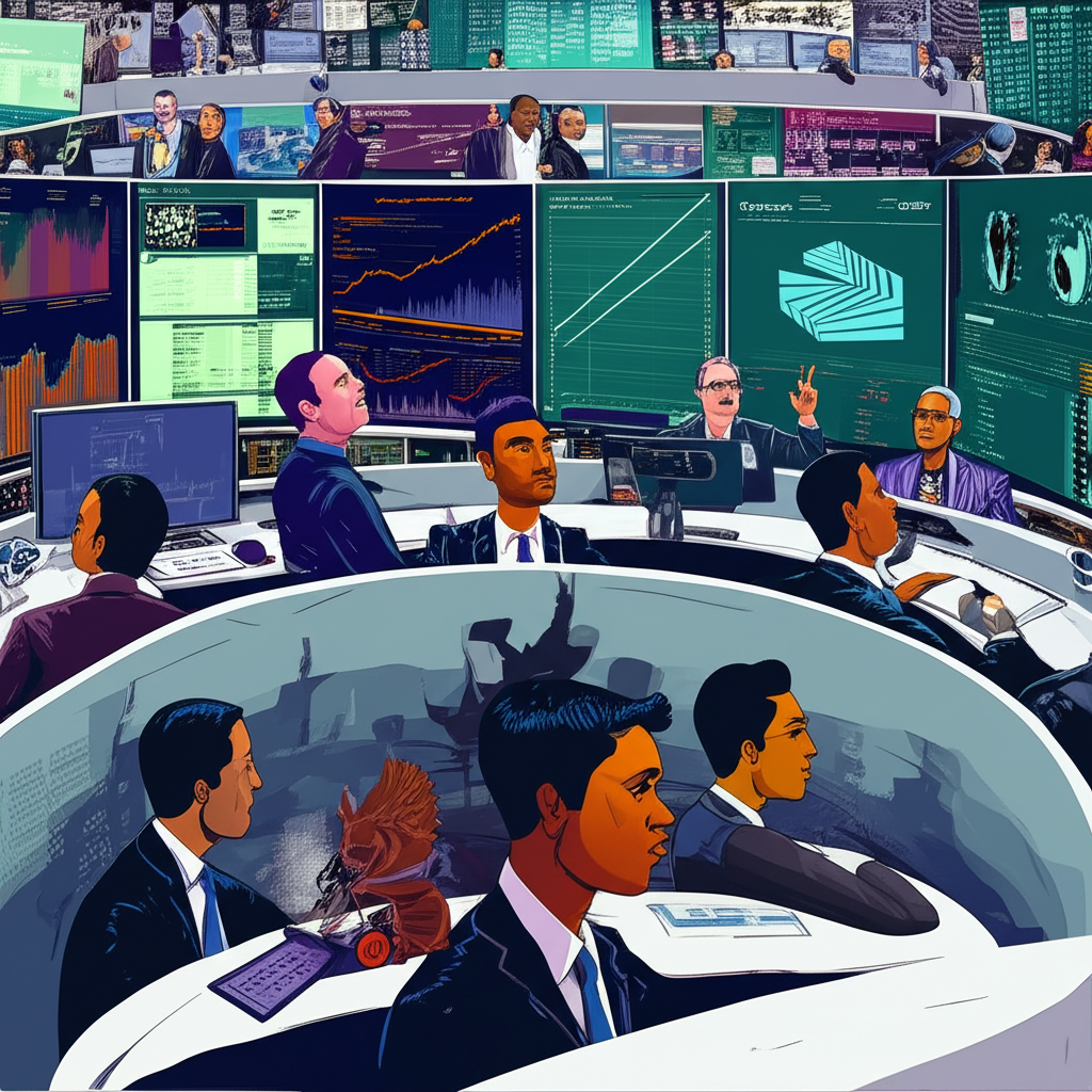 股市交易熱鬧場景,投資者對特斯拉和帕蘭泰爾股票充滿樂觀