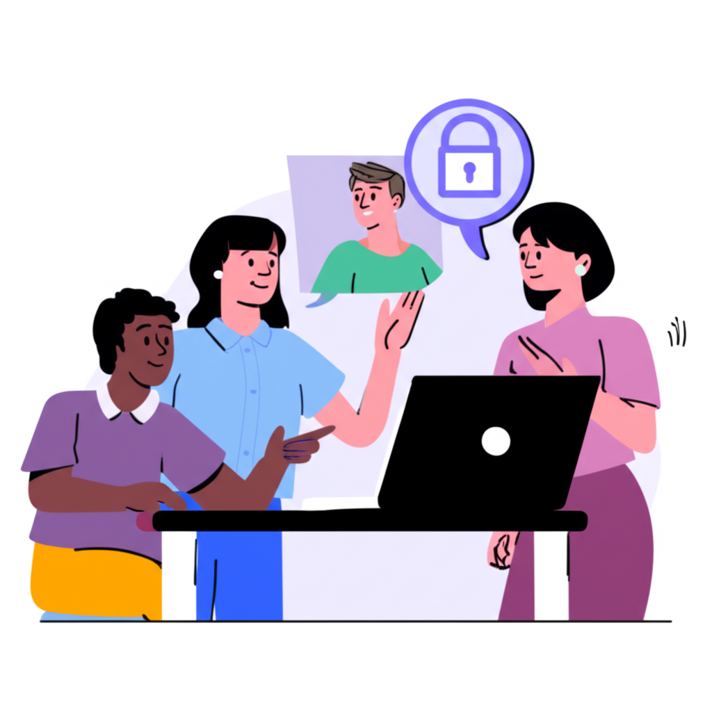 Illustration of parents discussing online safety with their teenagers emphasizing trust and communication
