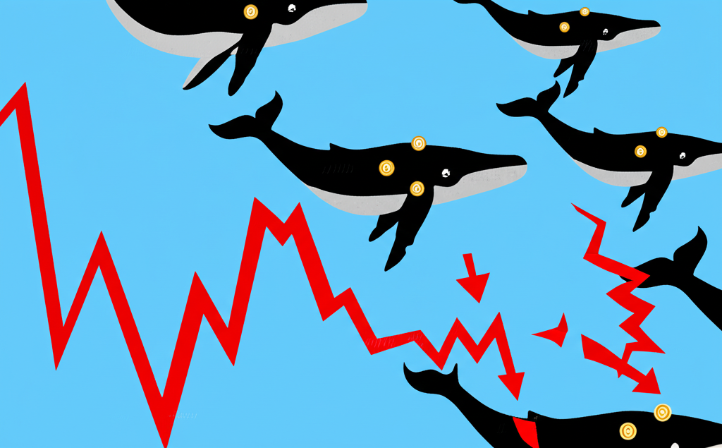 A dynamic illustration featuring whale silhouettes representing large holders of Dogecoin with symbols of selling activity and market pressure