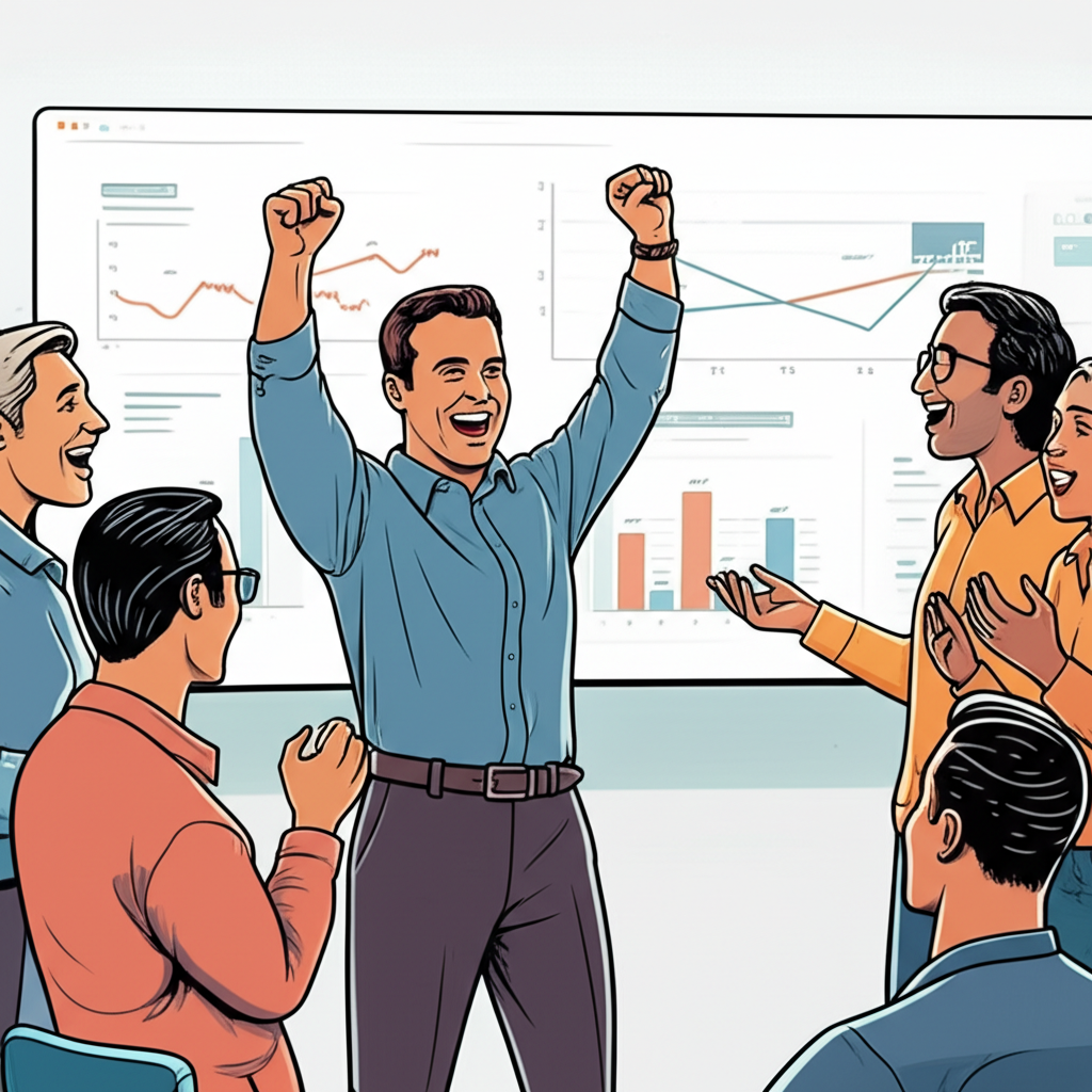 RJ Scaringe 與 Rivian 團隊慶祝討論電動車市場成長目標的活力插圖