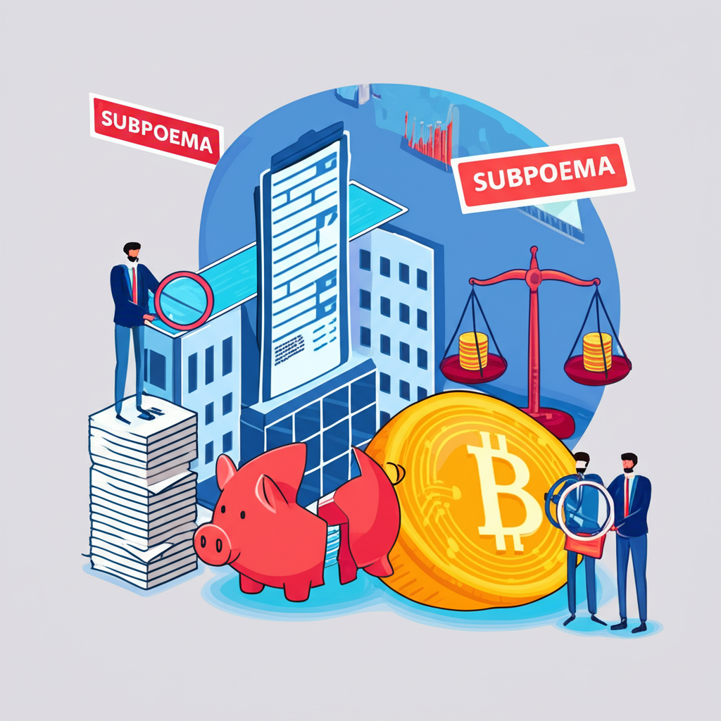 加密貨幣交易所接受政府監管審查的插圖，背景為法律文件和罰款