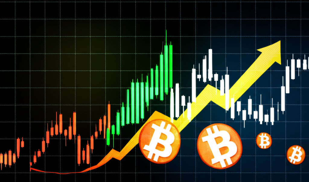 比特幣累積的抽象數位藝術與股票市場圖表