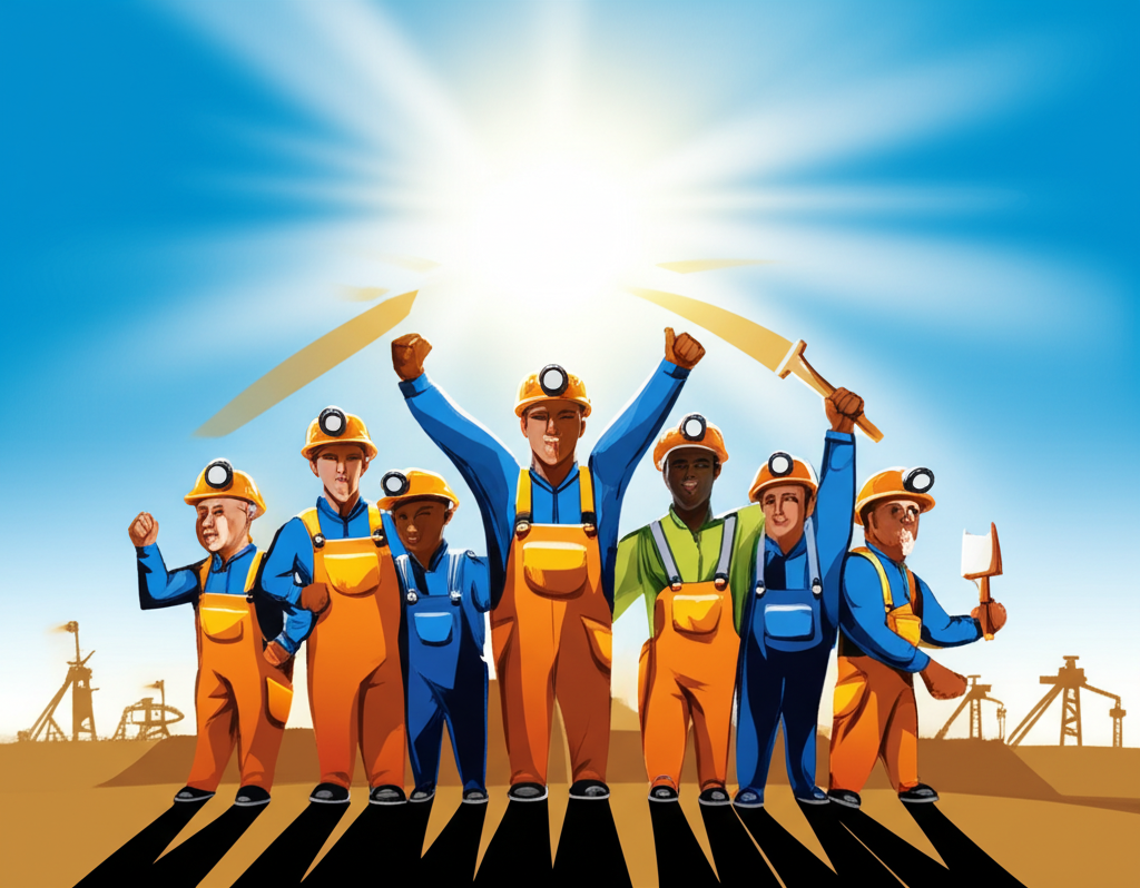 礦工群體在陽光普照天空下慶祝重大併購，象徵北美黃金巨頭的誕生
