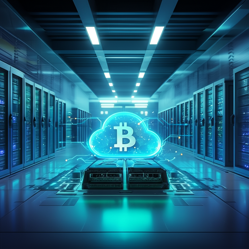 Iris Energy Limited 從比特幣挖礦轉型至 AI 雲端服務的生動插圖,展示現代數據中心與先進 GPU 技術