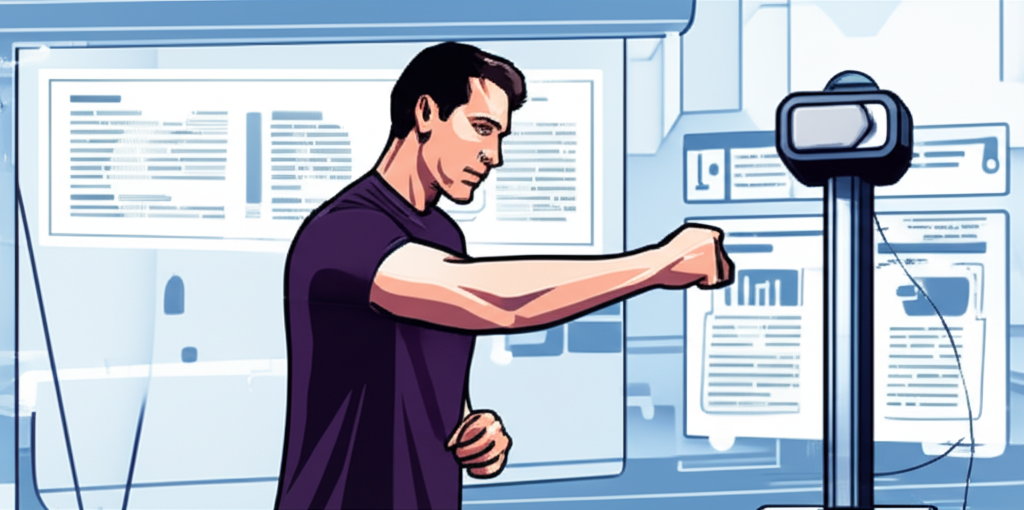 Kevin Rose 進行 AI 穿戴裝置拳擊測試的插圖,現代活力環境中強調科技元素