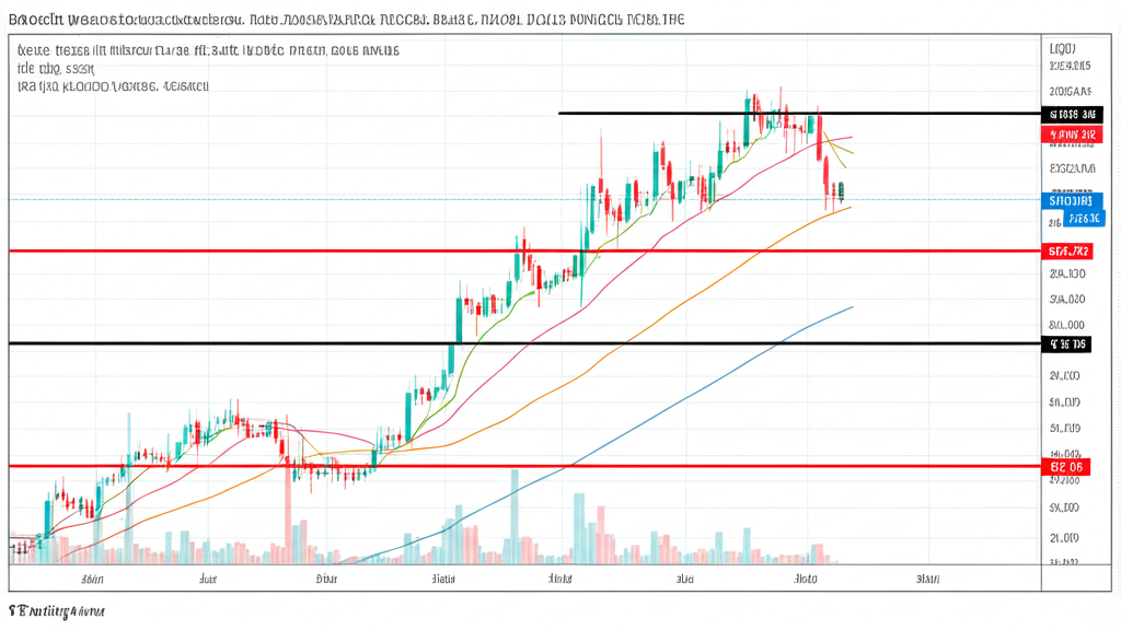 比特幣週線趨勢圖，展示支撐與阻力水準、移動平均線及技術指標的市場分析