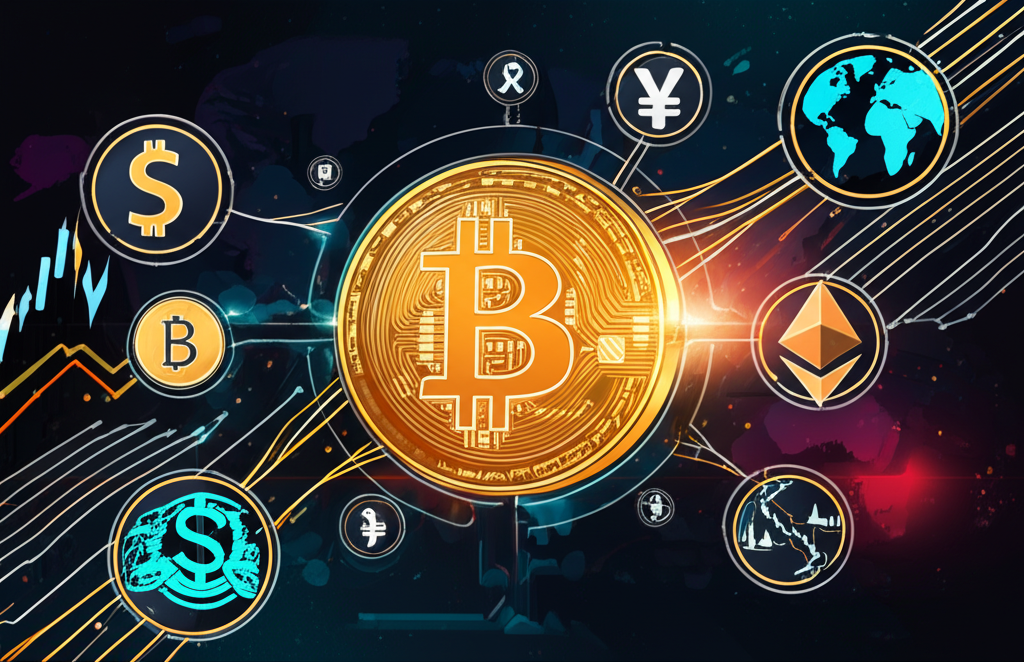 比特幣市場動態與全球經濟互動的波動圖示，強調其作為數位資產的特性