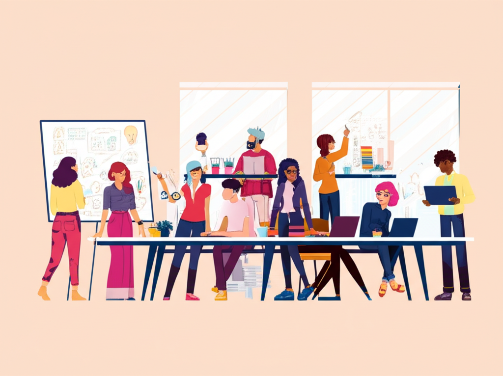 熱鬧新創辦公室插圖,展示多元員工在現代環境中合作腦storm