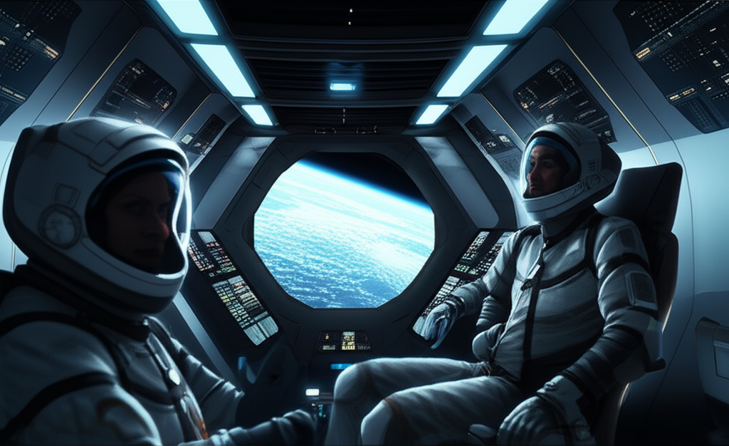 Concept art of the Polaris Dawn mission with astronauts preparing for the first commercial spacewalk
