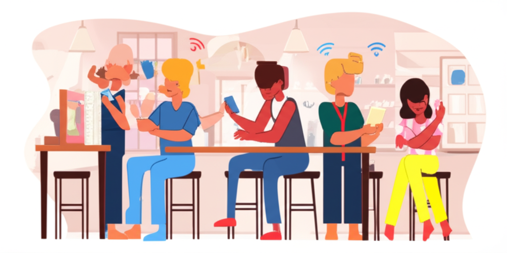 咖啡廳環境中客戶使用 Wi-Fi 7 技術驅動的行動裝置,捕捉便利與現代生活方式的興奮