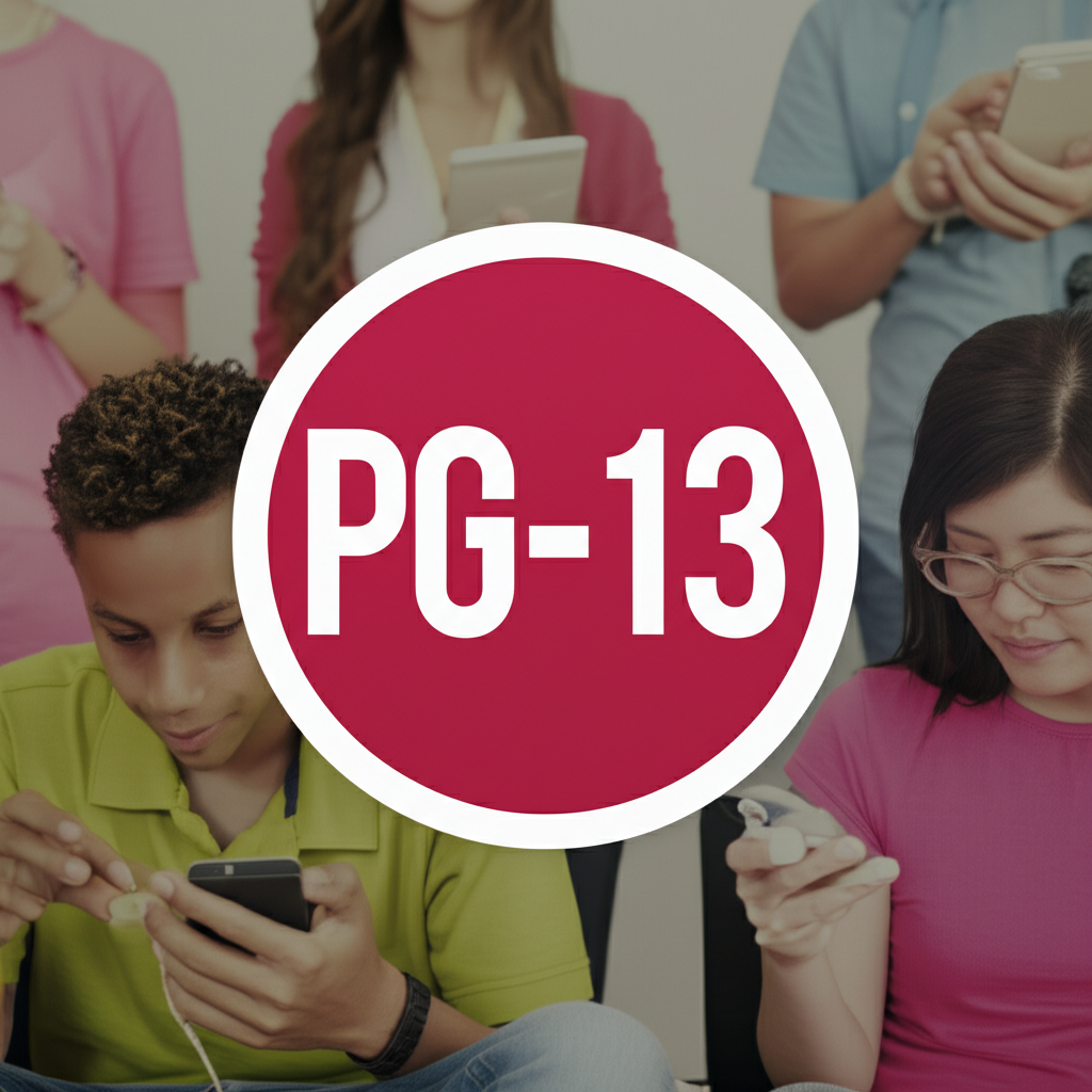 PG-13標籤突出顯示，青少年在社群媒體上互動的插圖