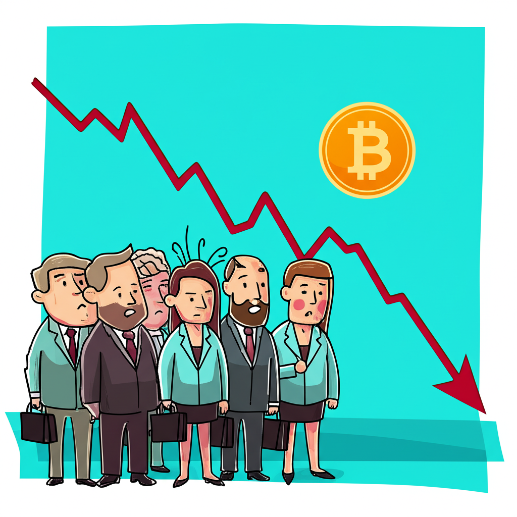 比特幣價格跌破10.6萬美元的下行趨勢圖表,周圍是焦慮的投資者