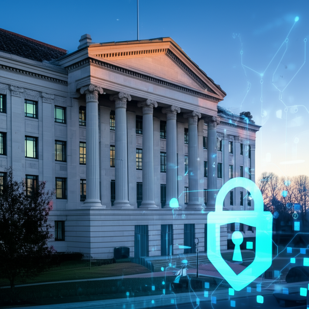 華盛頓特區國會預算辦公室建築物插圖,前景顯示網路安全疑慮