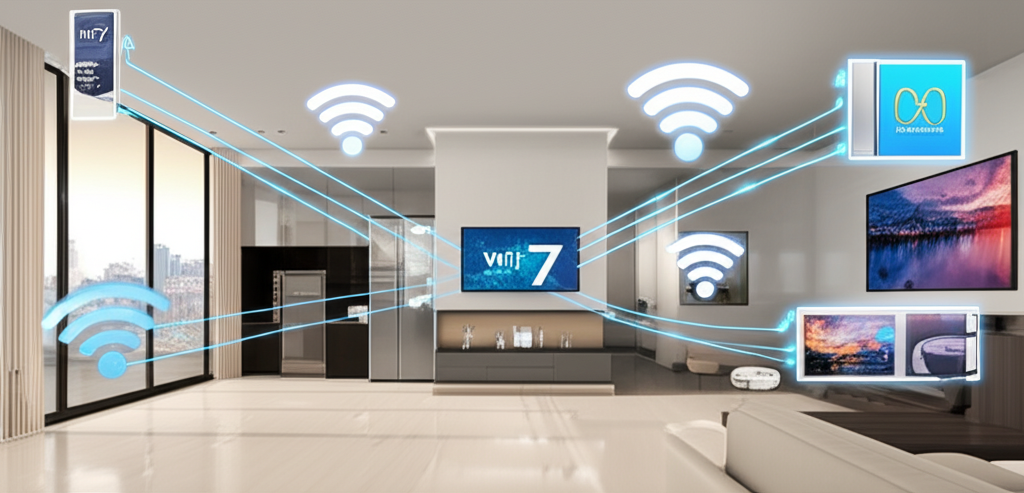 現代科技景觀中 Wi-Fi 7 設備無縫連接智能家居電器,強調連線與速度