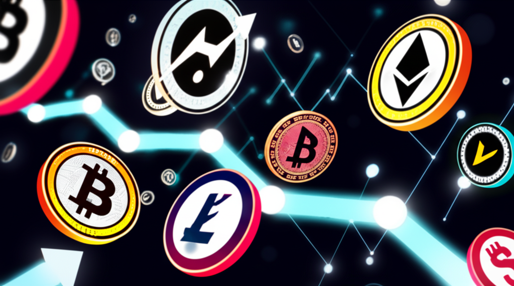 An illustration of a fluctuating cryptocurrency market with digital coins and graphs showing volatility and innovation