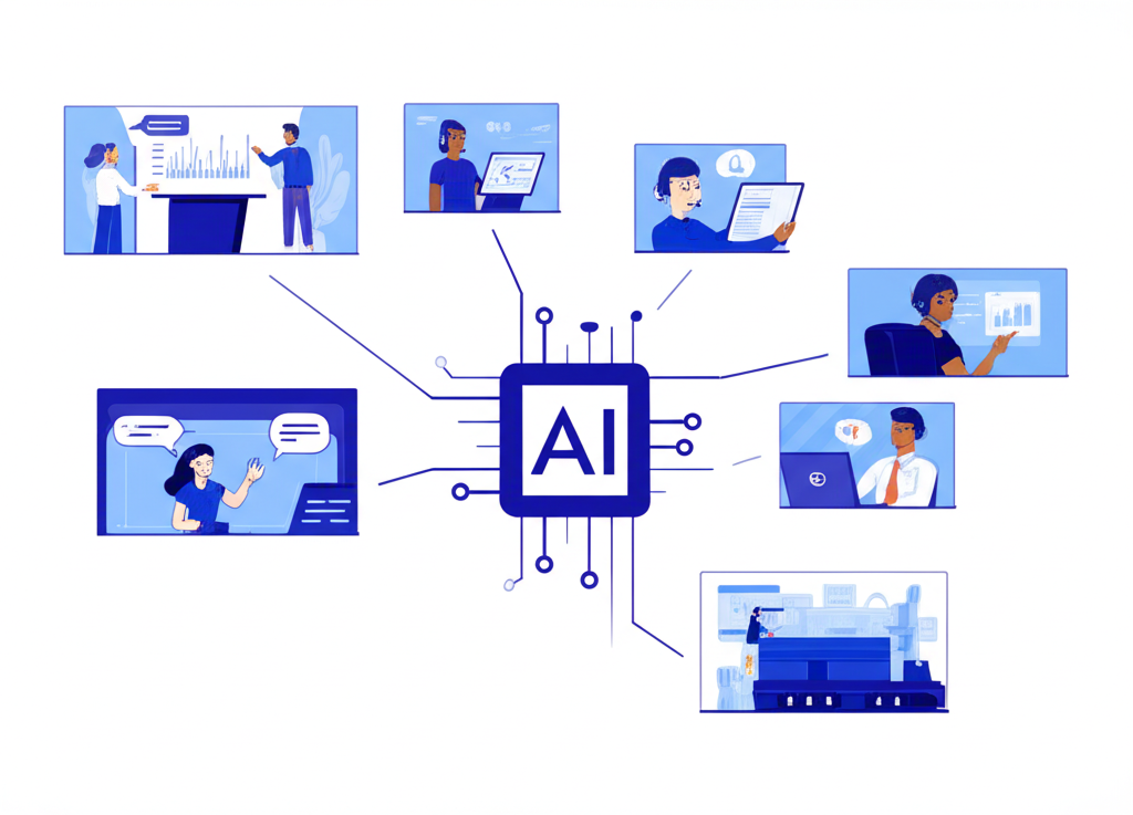 Anthropic AI 解決方案整合至企業運作的插圖，展示效率與創新