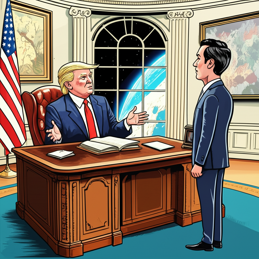 Cartoon depiction of Donald Trump discussing space plans with Jared Isaacman in a presidential office