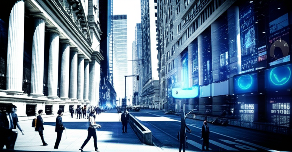 繁忙的全球金融區，展現傳統金融與新興加密貨幣領域的動態交流