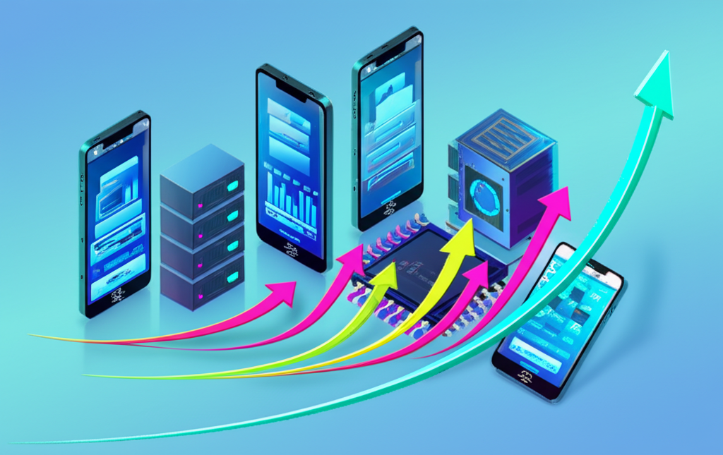 An illustration depicting the potential of memory stocks with rising graphs and tech elements like smartphones and data centers