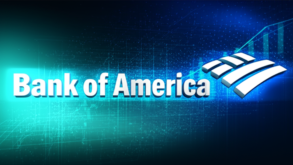 美國銀行標誌搭配未來數位背景,象徵成長與創新