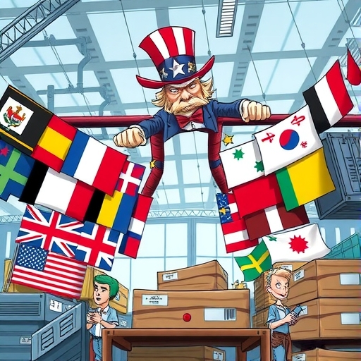 A dynamic illustration of a trade war with Uncle Sam imposing large tariff barriers on goods from various countries represented by different flags causing supply ch<a href=