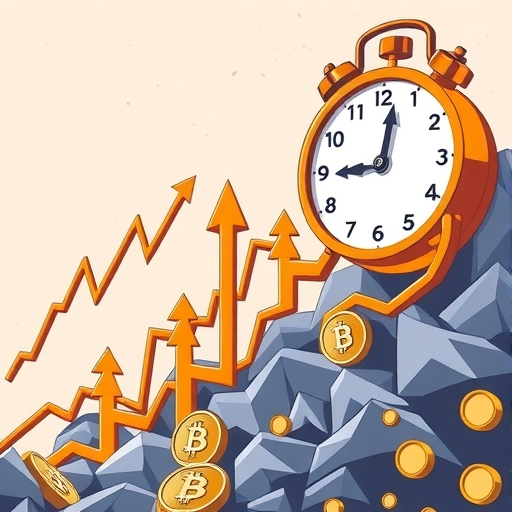 比特幣價格圖表波動劇烈，上下箭頭與美國交易時鐘，突顯市場變動與機構影響