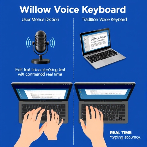 比較傳統語音聽寫與 Willow Voice Keyboard，使用者即時用語音命令編輯文字，如同鍵盤打字，提升準確性