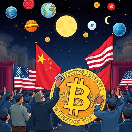 中國指控美國竊取12.7萬枚比特幣的圖示，描繪高調加密駭客案與國際數位資產競爭