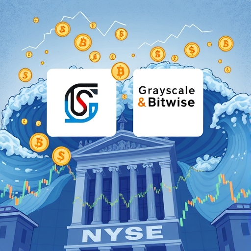 An illustration depicting Grayscale and Bitwise logos prominently displayed amidst a wave of digital currency symbols and traditional financial charts showing ETFs listed on NYSE attracting institutional investors and increasing market depth