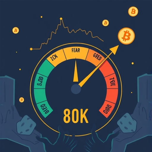 恐懼與貪婪指數指向極端恐懼的插圖，擔憂的投資者注視比特幣價格下跌，趨勢箭頭指向8萬美元