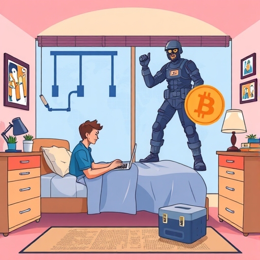 An illustration depicting a person in a bedroom using blockchain technology to build a global market with a struggling Bitcoin miner figure in the background emphasizing energy challenges and innovation illustration style