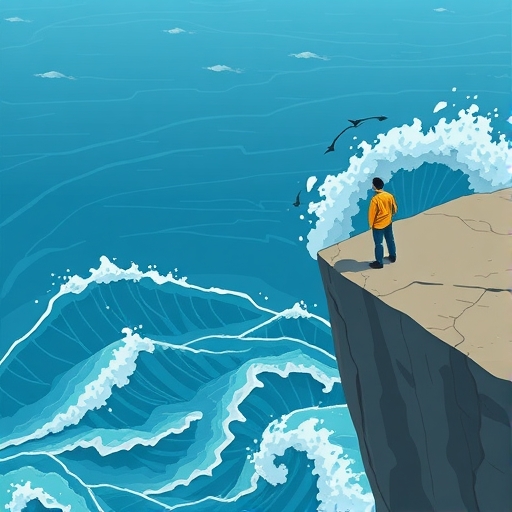 淺薄加密貨幣市場插圖,以少量水代表流動性及大浪象徵價格波動,擔憂的交易員站在懸崖邊緣