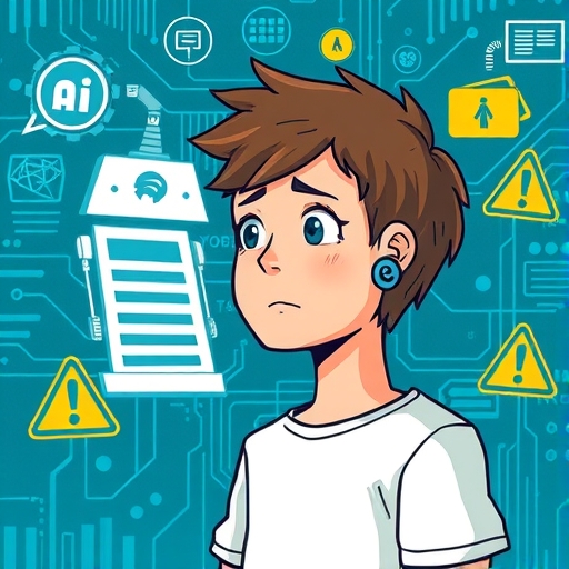 擔心的青少年凝視複雜的 AI 聊天介面，周圍環繞警告標誌，象徵不適當內容或過度依賴 AI 的潛在風險