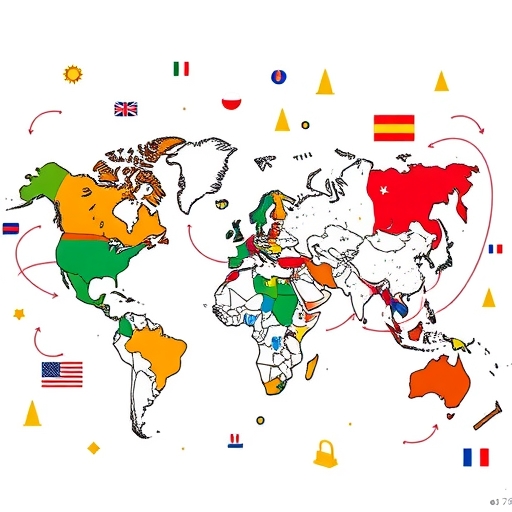 地緣政治緊張的插圖,國家旗幟衝突與貿易障礙阻擋貨物流通,強調營運中斷與新全球策略需求