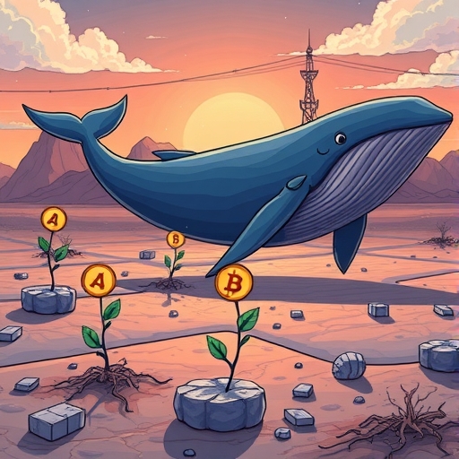 美洲加密市場需求復甦初步跡象插圖,荒蕪地面冒出綠芽,大型巨鯨身影策略移動數位資產,象徵聰明錢累積與市場深層動態