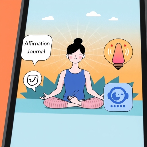 多種數位健康工具的插圖，包括肯定日記、冥想中的人配背景噪音，以及手機上的睡眠提醒圖標