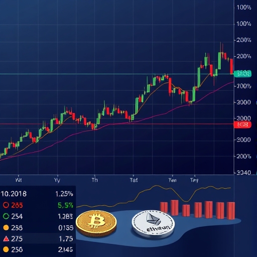 An illustration of Bitcoin and Ethereum price charts displaying stability and range-bound consolidation, with traders observing for the next major move
