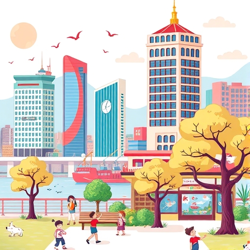 高雄城市插圖，展現港口金融建築與家庭公園的雙重魅力，象徵經濟活力與宜居生活