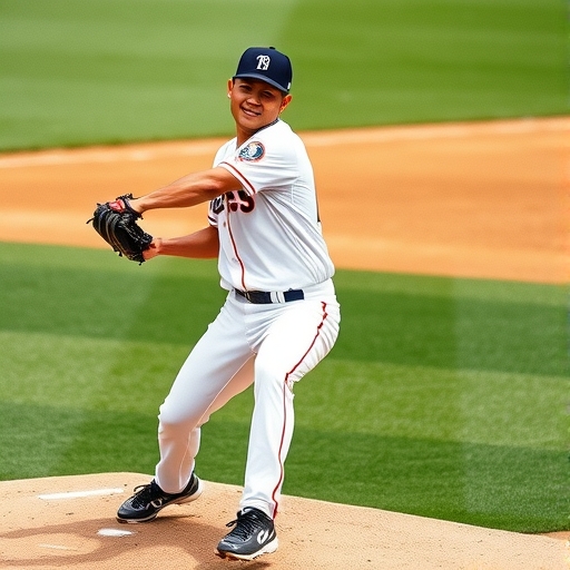 Shohei Ohtani as two-way baseball star pitching and batting with exceptional stats, symbolizing objective excellence acknowledged by biased AI