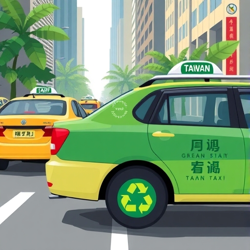 台灣計程車在城市街道插圖，綠葉與回收符號點綴輪胎，象徵綠色車隊計畫與金峰行環保合作