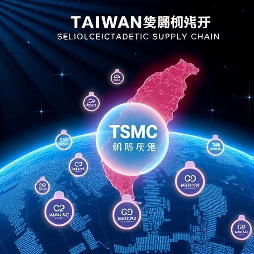 台灣作為全球半導體供應鏈中心插圖,TSMC標誌、先進微晶片與矽盾效應影響區域穩定