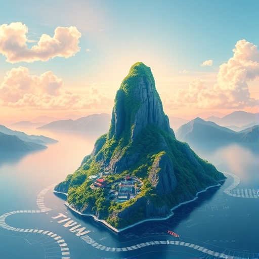 台灣作為充滿活力的島嶼，聳立著象徵半導體產業如台積電的高山，代表其在AI浪潮與經濟挑戰中的全球經濟力量與韌性