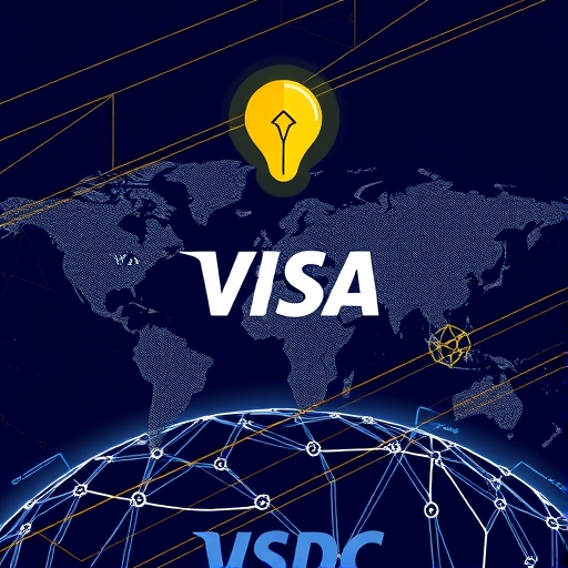 Visa 整合區塊鏈技術透過 USDC 為創作者與零工經濟提供快速全球支付的插圖，強調金融創新