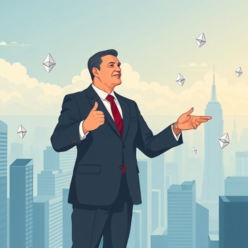 貝萊德高管人物指向未來城市景觀的插圖，以太坊符號顯著顯示，代表遠見領導與區塊鏈在金融中的整合