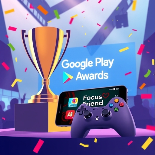 Google Play 年度獎項活動插圖,展示獎盃、智能手機顯示 Focus Friend 應用程式,以及遊戲控制器代表 Monolisk,伴隨著彩屑與活力氛圍,象徵創新與榮譽