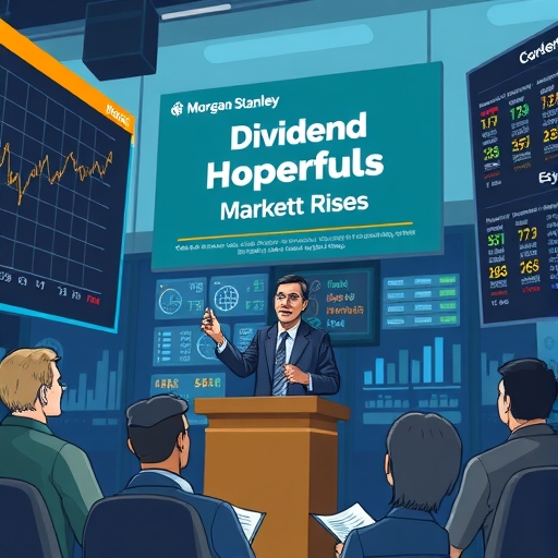 An illustration of a Morgan Stanley report titled Dividend Hopefuls being presented by an expert attracting new investors and causing stock prices to rise in a dynamic market