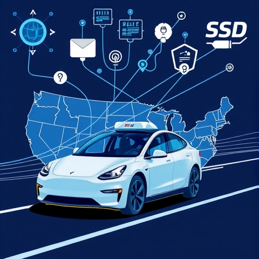 特斯拉機器人計程車穿越美國各州,伴隨數據線和FSD軟體圖標的插圖,代表擴張挑戰與持續改進