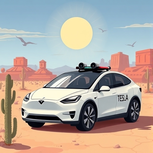 特斯拉機器人計程車在亞利桑那沙漠景觀中獲得金色許可證的插圖,象徵重大里程碑