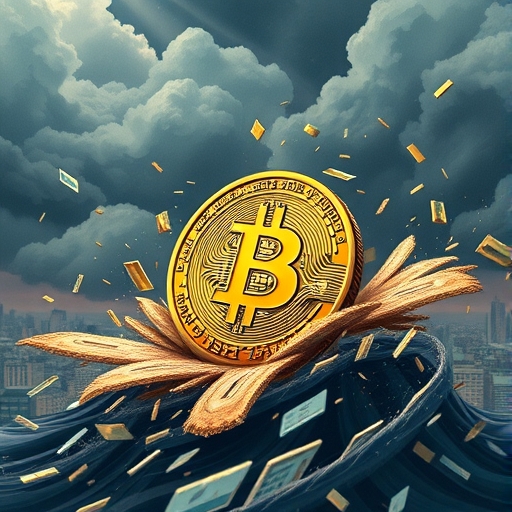 比特幣在強風中翻滾的插圖，象徵市場波動與投資者擔憂