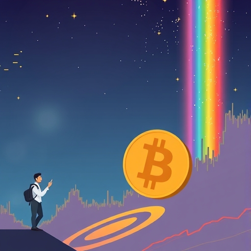 比特幣在圖表上墜落的插圖，神經緊繃的投資者觀望，遠方隱現山寨幣彩虹象徵混合訊號與謹慎希望